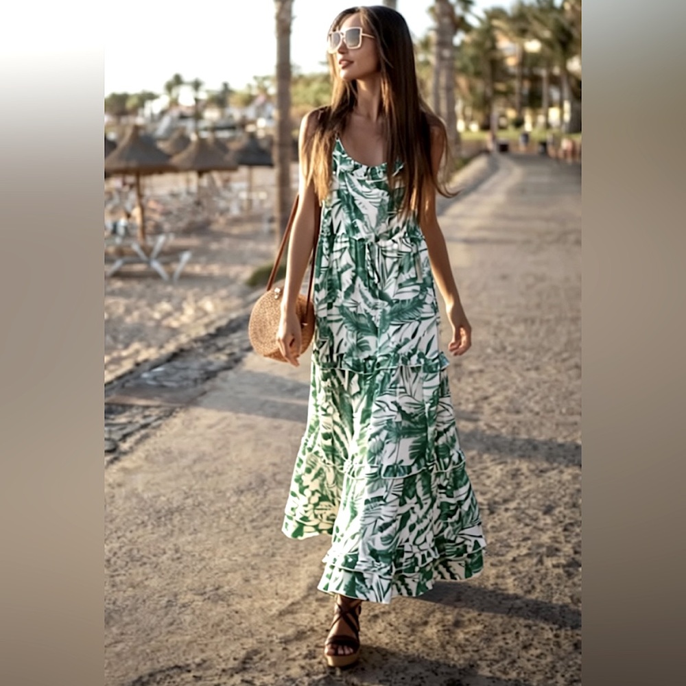 Crystal Doll White Maxi Dress with Green Leaf Print